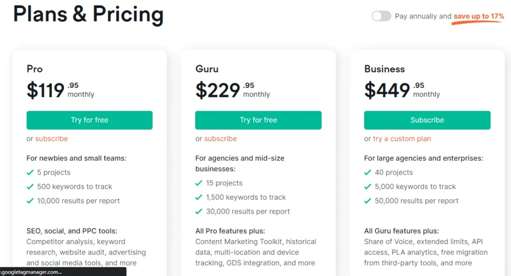 semrush plans and pricing