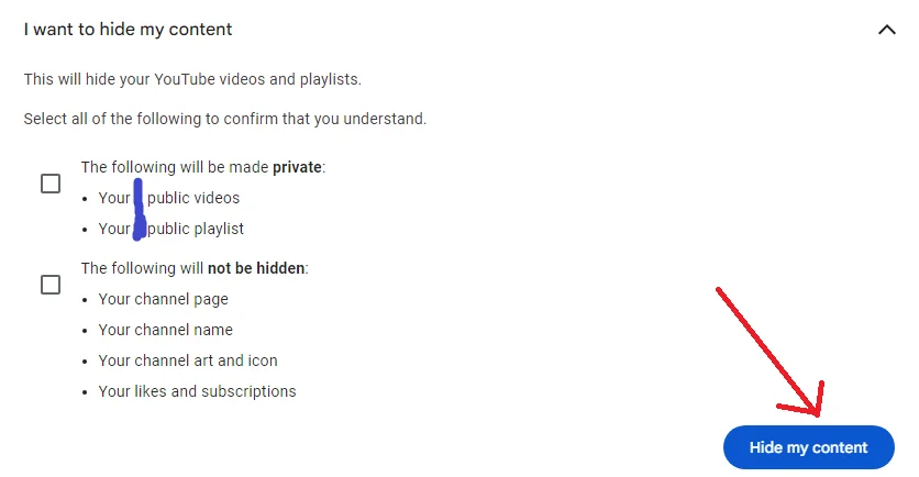 how to delete youtube channel by hidding content